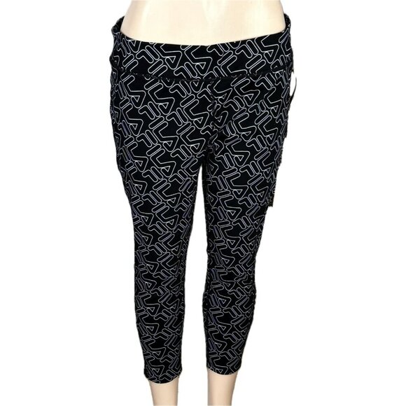 Fila XL Black Logo Name Print Flat Stretch Waist Cotton/Spandex Capri Pants - Picture 2 of 6
